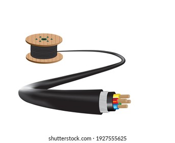 Wooden Coils Of electrical Cable Outdoor. High and low voltage cables on white background