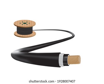 Wooden Coils Of electrical Cable Outdoor. High and low voltage cables on white background