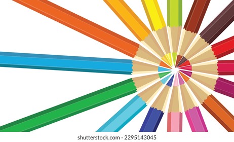 wooden color pencils arranged in bulk on a white isolated background arranged in circle, Drawing colors, multicolors
