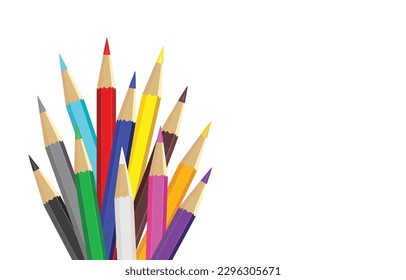 wooden color pencils arranged in bulk on a white isolated background, Drawing colors, multicolors