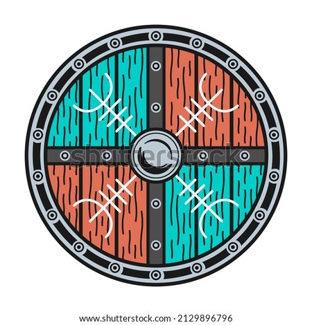 Wooden colored round Viking shield with runic symbols and iron border. Vintage vector color illustration, hand drawn. Isolated on white background. Design element for label, tattoo, poster.