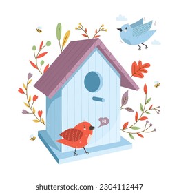 Wooden colorful birdhouse with small birds. House for feathered animals. Spring time for nesting. Ornamental leaves and flowers on an isolated white background. Stock vector illustration.