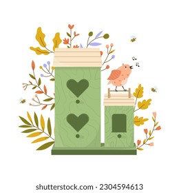 Wooden colorful birdhouse with small birds. House for feathered animals. Spring time for nesting. Ornamental leaves and flowers on an isolated white background. Stock vector illustration.
