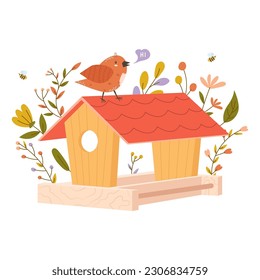 Wooden colorful birdhouse with small birds. House for feathered animals. Spring time for nesting. Ornamental leaves and flowers on an isolated white background. Stock vector illustration.