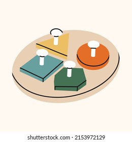Wooden colorful game didactic frame-insert with geometric shapes. Component of the development of Montessori education in kindergarten. Game for children for finger motility, learning shapes. Vector
