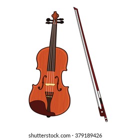 Wooden colorful violin with bow isolated on white background. Vector illustration.