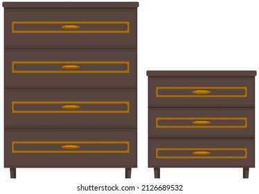 Holzkommode, Nachttisch. Möbel aus dunklem Holz. Organisation des Schlafzimmers zu Hause. Kommode, Nachttisch einzeln auf weißem Hintergrund. Element der Innenausstattung