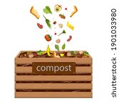 wooden compost box, bin with food waste vector illustration. garden composter for organic recycling of kitchen, natural household garbage. composted fertile soil, earth worms and biodegradable trash
