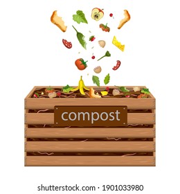 wooden compost box, bin with food waste vector illustration. garden composter for organic recycling of kitchen, natural household garbage. composted fertile soil, earth worms and biodegradable trash