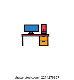 Wooden computer table, brown simple table vector. white background isolated.