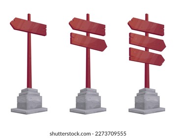 Wooden and concrete directional sign boards in cartoon style vector illustration isolated on white