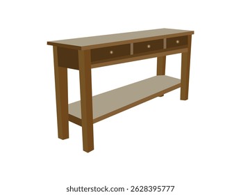 Wooden console table with three drawers and open shelf in flat style