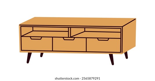 Wooden console table, TV stand, modern retro Scandinavian design. Wide horizontal sideboard, home furniture with drawers in mid-century style. Flat vector illustration isolated on white background