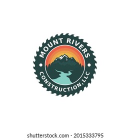 Wooden construction logotype with saw blade icon. Brand identity professional small business felling services. Real estate, home wooden work service