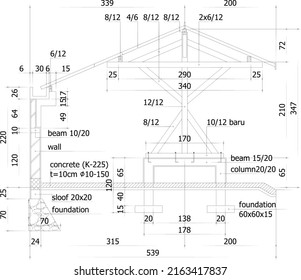 wooden construction sketches with notation, dimensions and elevation