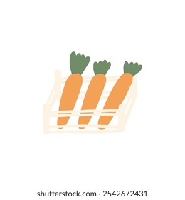 Wooden container with carrot vegetables isolated on white background. Vector illustration in naive hand drawn style