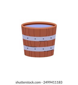 Wooden container with water icon. Bucket with metal bands vector flat illustration isolated. Vintage basin, pot for storage. Cartoon blacksmith tool, forge craft workshop equipment