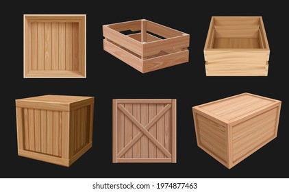 Wooden containers. 3d boxes for fragile products empty packages various views cargo shipping wooden containers decent vector realistic pictures collection