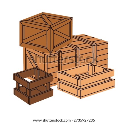 Wooden containers. Cargo shipping wooden boxes, stacked delivery boxes flat vector illustration. Cartoon wood delivery boxes on white background