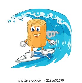 the wooden corkscrew surfing character. cartoon mascot vector