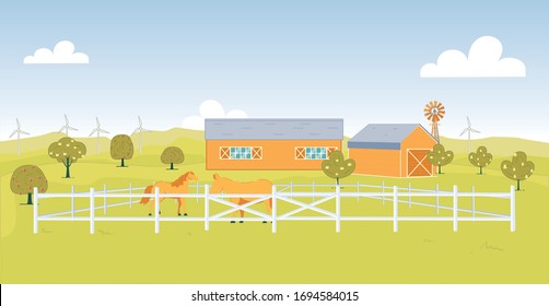 Wooden Corral on Field next to Stall and Windmill. Livestock Grazing in Fenced Area, Graceful Horse and Mule. Stable and Barn nearby, Fruit Tree Grow and Windmill Operating. Clean Environment.