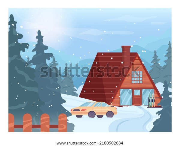 Wooden cottage house, chalet in winter
mountains. Ski resort hotel in pine forest, comfortable country
house for tourism. Beautiful nature in snow, december freezing
weather. Flat vector
illustration