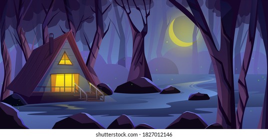 Wooden cottage house in night forest, on the edge of a swamp. Light in the windows. Fireflies in deep forest with Scary trees. Witch house in fantasy game background, Vector illustration