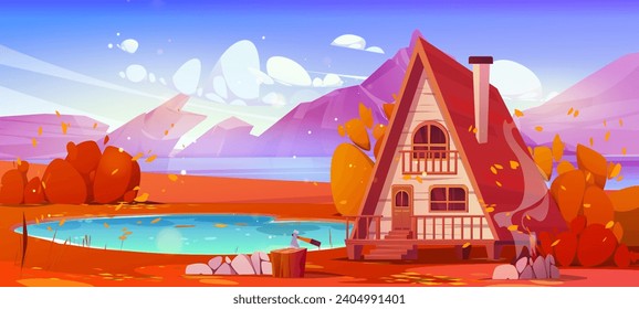 Wooden cottage near autumn mountain lake. Vector cartoon illustration of cozy house with porch and stairs, yellow foliage on trees and bushes, golden leaves on water surface, beautiful natural scenery