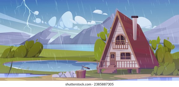 Wooden cottage near mountain lake in rainy weather. Vector cartoon illustration of rural house with porch and stairs, water puddles in yard, green foliage on trees and bushes, lightning in cloudy sky