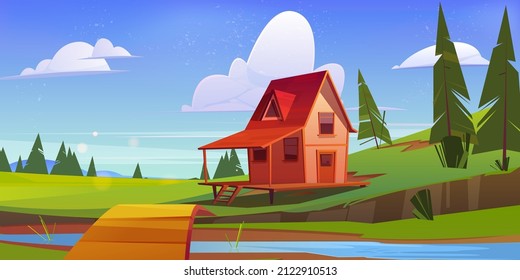 Wooden cottage on green field at river coast with bridge scenery summer landscape. House on stilts stand on green field among coniferous trees under blue sky with clouds, Cartoon vector illustration