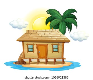 Wooden cottage on tropical island illustration