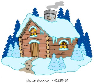 Hütte aus Holz im Winter - Vektorgrafik.