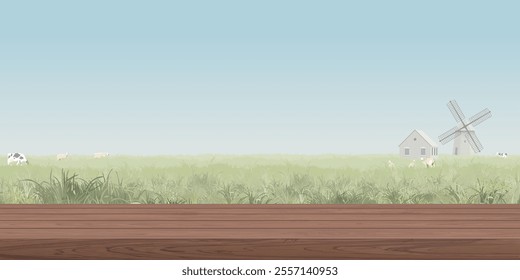 wooden counter mocha mousse tone have blank space for place the daily products presentation or advertisement with agriculture landscape and blue sky background graphic illustration. 