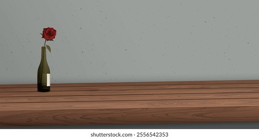 Wooden counter with red rose in the bottle of liquor have blank space for place the products presentation and have cement wall background graphic illustration.