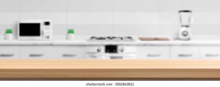 El mostrador de madera está situado sobre un fondo de desenfoque de cocina con microondas, vitrocerámica, licuadora y tabla de corte. Fondo desenfocado, visualización de diseño 3d con contraparte de tabla, representación vectorial realista