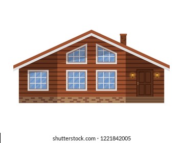 Wooden country brown house, cottage, chalet, villa, isolated on white background. Vector flat illustration.