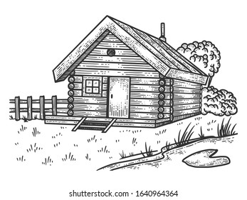 Wooden country farm house sketch engraving vector illustration. T-shirt apparel print design. Scratch board imitation. Black and white hand drawn image.