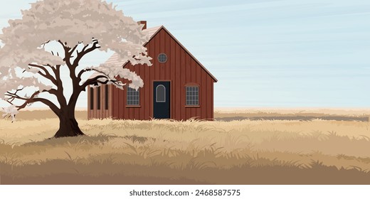 Casa de campo de madera y gran árbol en el paisaje del campo de trigo en la temporada de otoño diseño plano ilustrado tienen espacio en blanco.