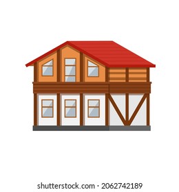 Wooden Country House, Cottage. Traditional Eco Building. Vector Illustration Flat Cartoon Home On The Nature. Mountain Chalet Exterior Wood Construction