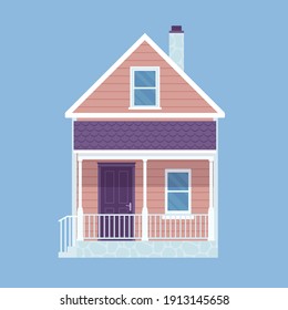 Wooden country house, dacha, small cottage. Painted natural wood facade, organic timber building industry, compact holiday residence pleasant to live and relax. Vector flat style cartoon illustration