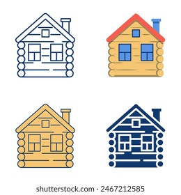 Wooden country house icon set in flat and line style. Russian traditional izba hut. Vector illustration.