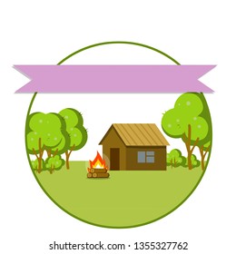 Wooden country house. Old camp. rustic building on a green natural landscape. Summer season. Rest in the cottage and fire. Farm and countryside. Cartoon flat illustration. Pink ribbon for text