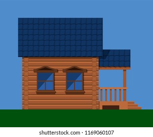 wooden country house with porch and blue roof