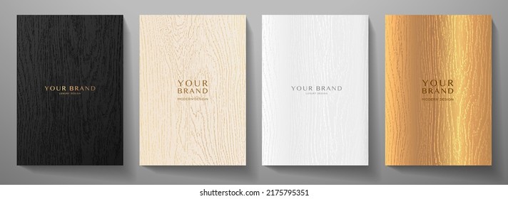Wooden cover design set. Natural eco texture background with wood pattern in premium colours black, white, silver, gold. Vector template for cover menu, desk, parquet flooring design