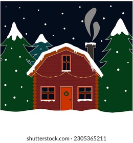 Wooden cozy cabin or lodge, in the tree forest at night with snow. Christmas postcard idea, vector editable illustration.