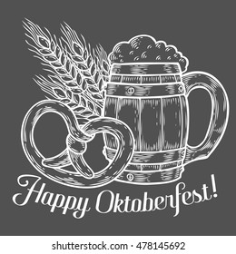 Wooden craft beer mug, pretzel, wheat. Happy oktoberfest. Black vintage engraved hand drawn vector illustration. Sketch Wooden cylindrical container for liquid. White isolated on black background.