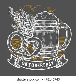 Wooden craft beer mug, pretzel, wheat. Happy oktoberfest. Black vintage engraved hand drawn vector illustration. Sketch Wooden cylindrical container for liquid. White isolated on black background.