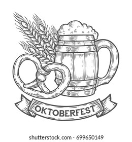 Wooden craft beer mug, pretzel, wheat. Happy oktoberfest. Black vintage engraved hand drawn vector illustration. Sketch Wooden cylindrical container for liquid. Black isolated on white background.