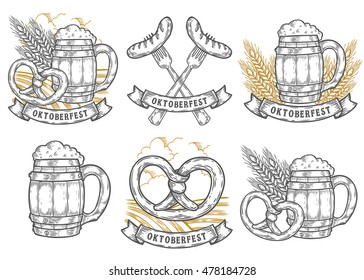 Wooden craft beer mug, wheat, sausage, pretzel. Oktoberfest labels set. Black vintage engraved hand drawn vector sketch illustration. Black isolated on white background. Emblems for web, banner