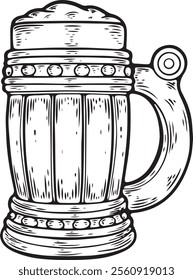 Wooden craft beer Oktoberfest mug. Black vintage engraved hand drawn illustration. Black isolated on white background.